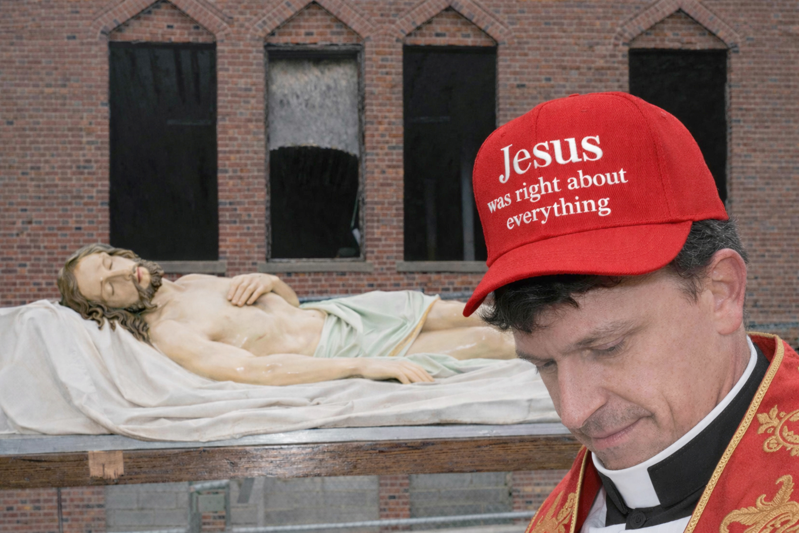 jesus is carried past an abandoned factory with a maga priest