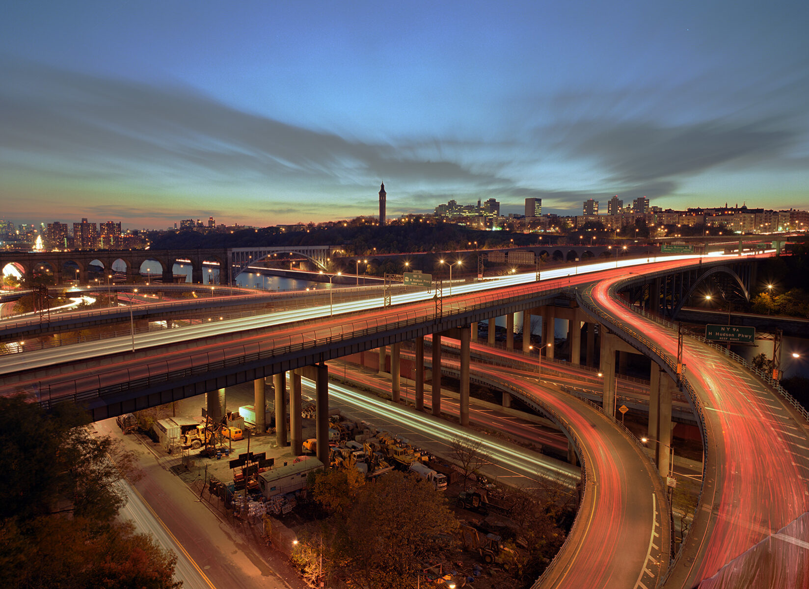 Harlem River Valley at twilight with the Hamilton Bridge and the cross Bronx Expressway and interstate 95 crossing from Manhattan into the Bronx