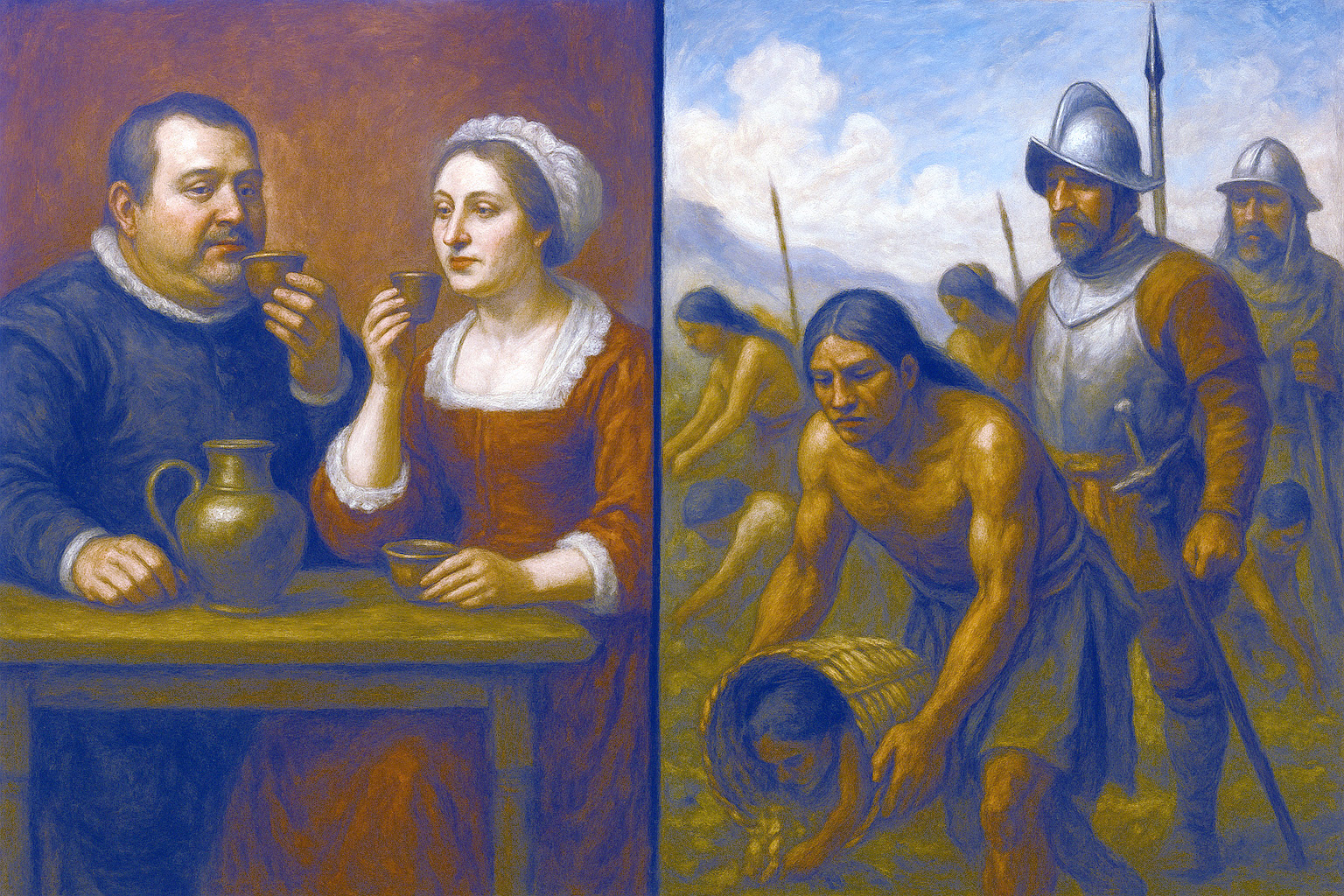 spanish conquistadors force, slave labor Indians to pick Coco while back home in Spain, the noble people the rich enjoy their imported coca