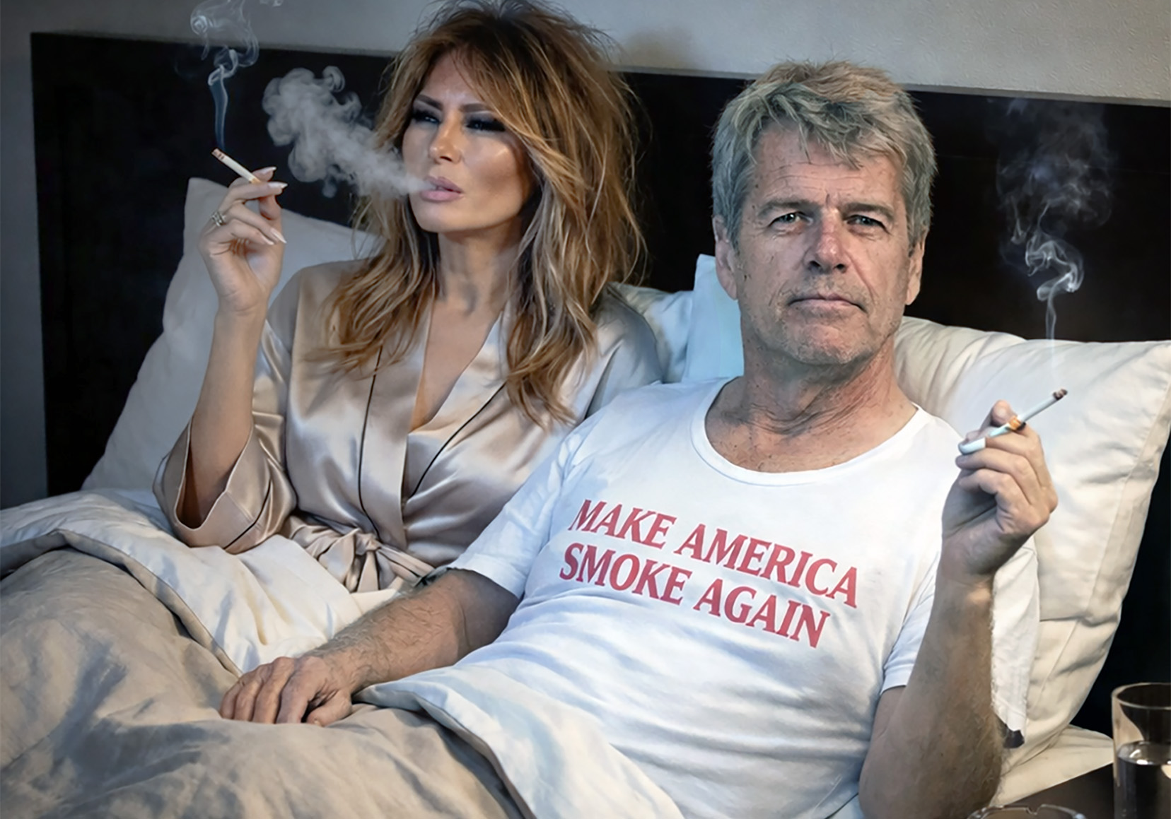 melania trump and twoshoes in bed saying make america smoke again like RFK