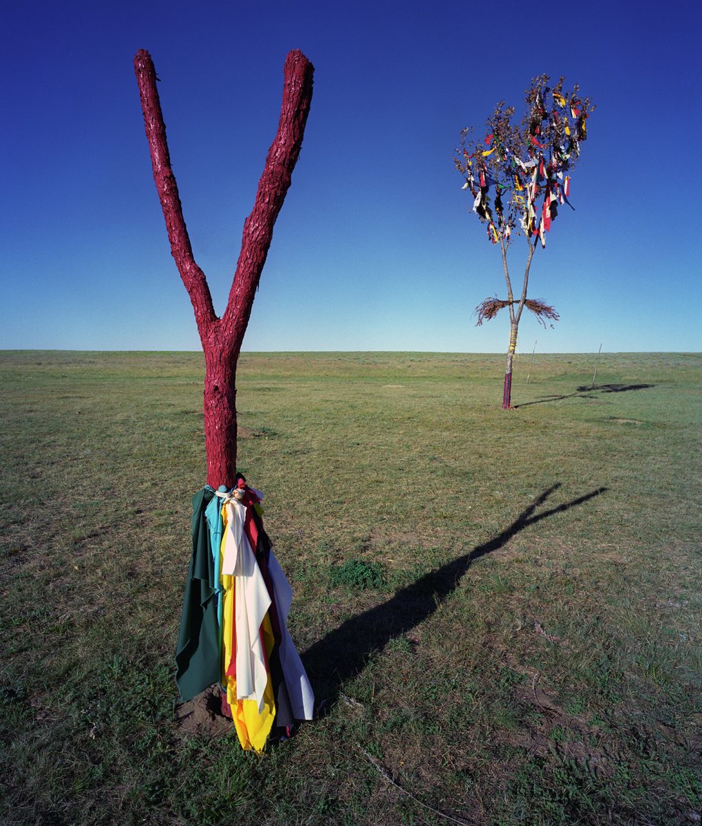 Lakota Sundance tree redshirt table, Badlands, South Dakota prayer cloth
