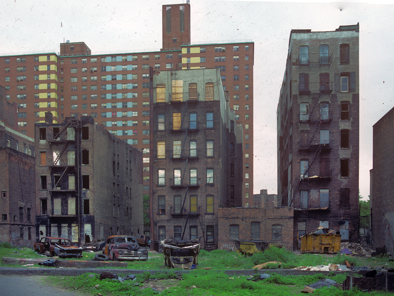 Abandoned cars, tenements, Pitt Street